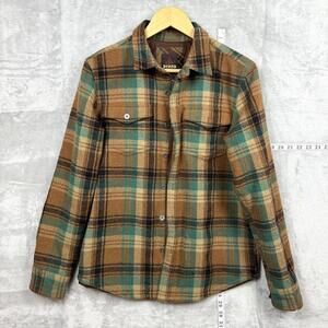 prAna Plaid Flannel Shirt Jacket Brown Green Men Sz S Button Front Lined Casual